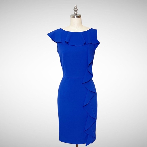 Calvin Klein Blue Ruffle Sheath Dress Career Office Party Size 6 Small - Picture 1 of 9